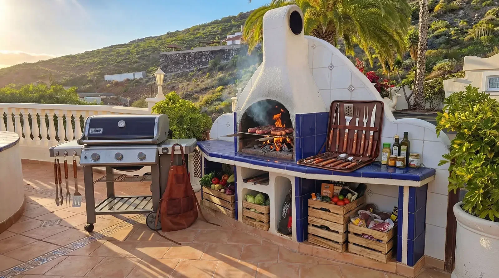 Outdoor barbecue terrace with gas and charcoal grills at Villa Solea