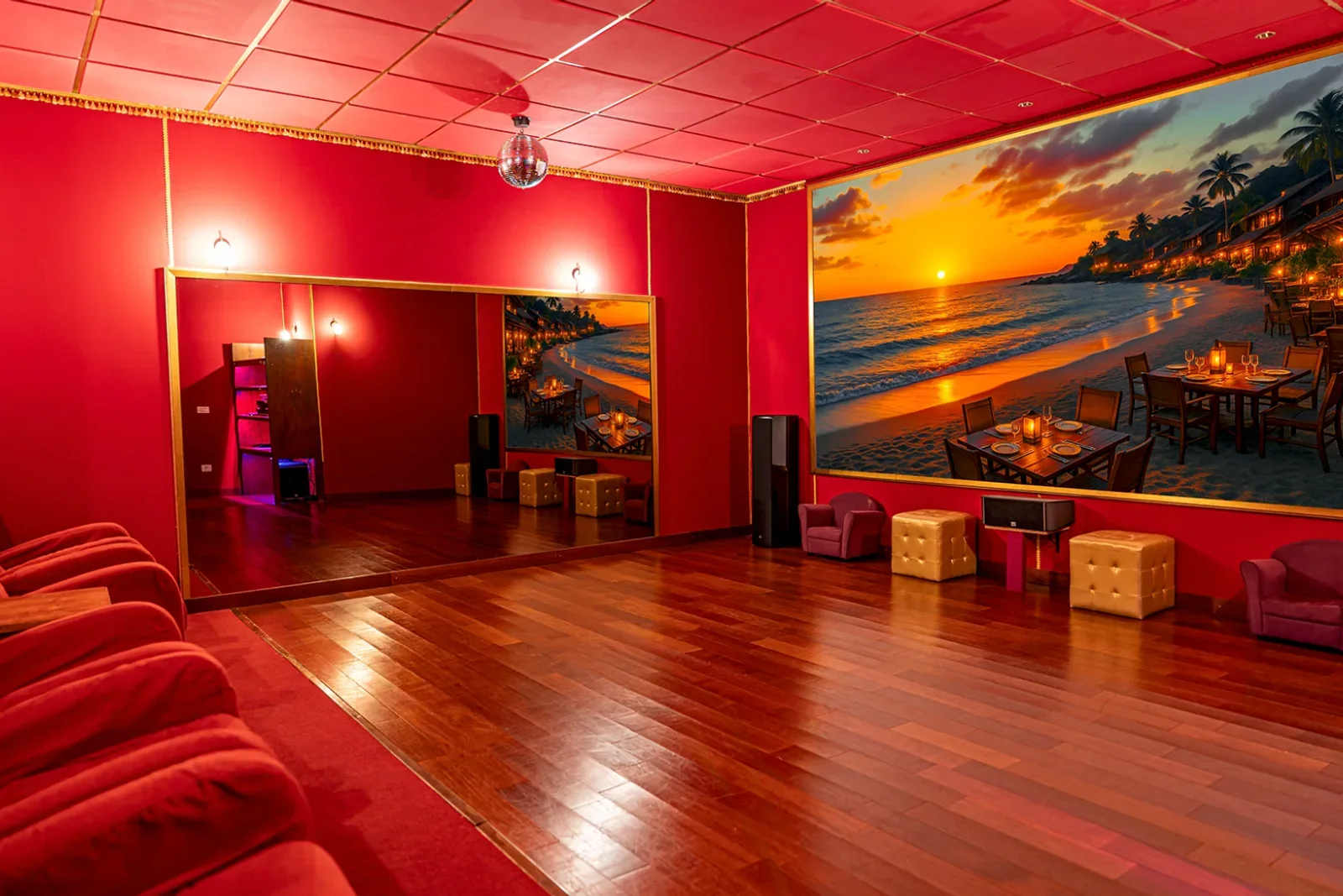 Private cinema with sunset mural and projection screen at Villa Solea