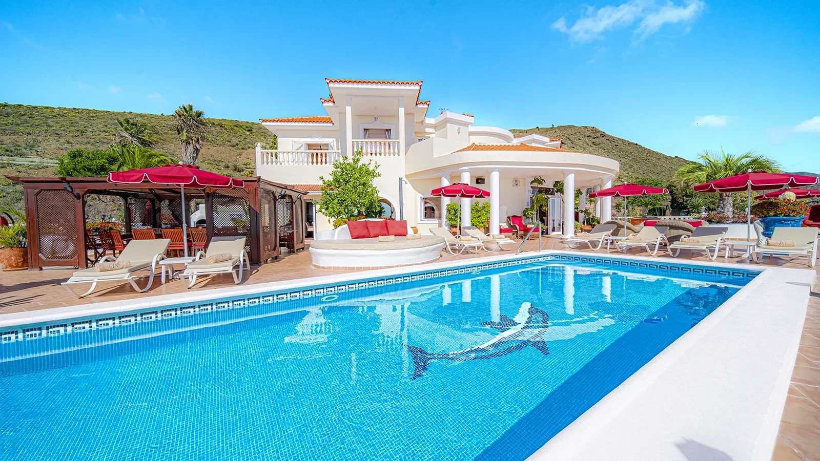 Heated private swimming pool and terrace at Villa Solea