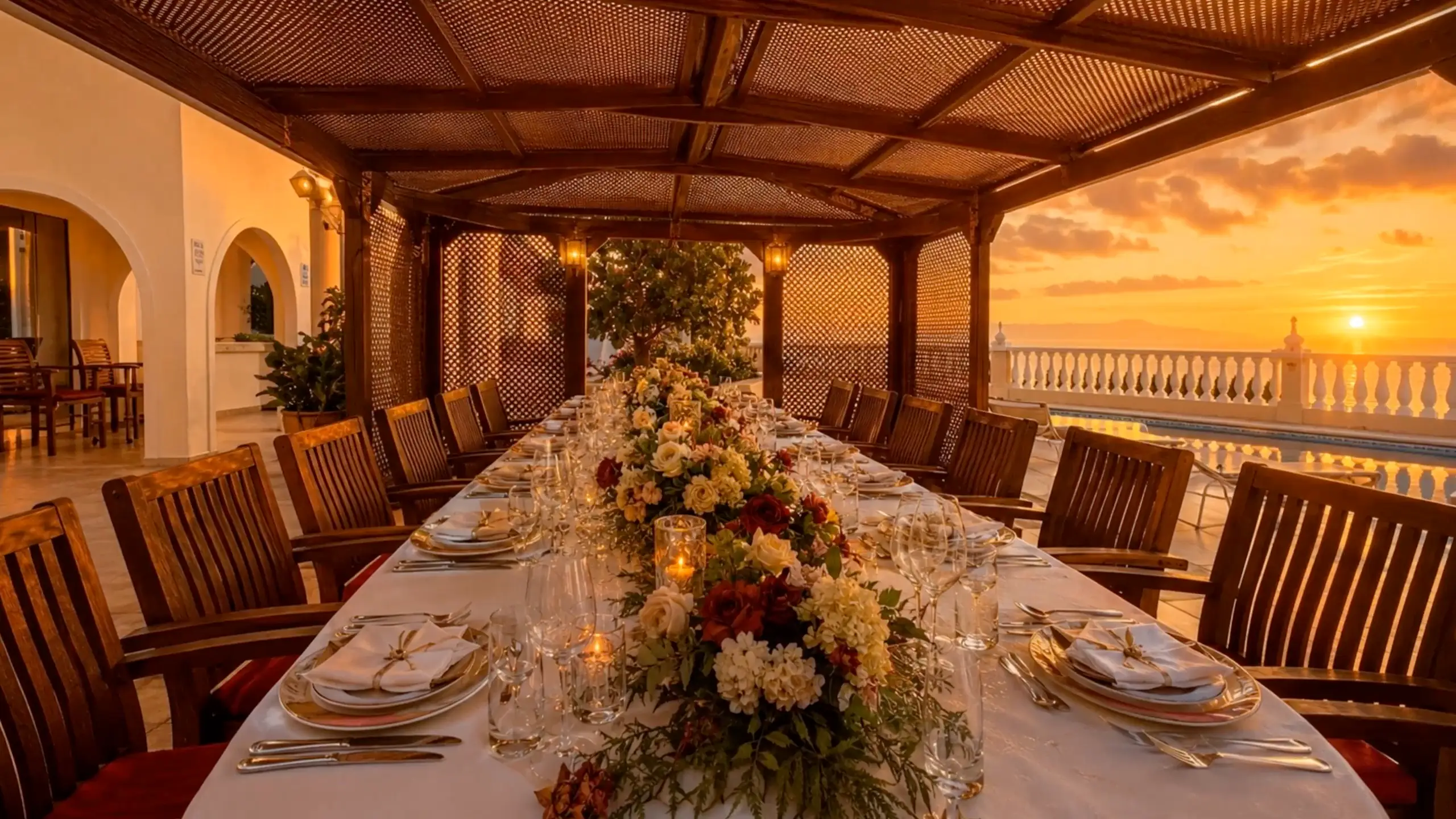 The pergola dining terrace at Villa Solea overlooking the Atlantic